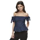 Disney's Beauty And The Beast Juniors' Chambray Off The Shoulder Top, Girl's, Size: Small, Med Blue