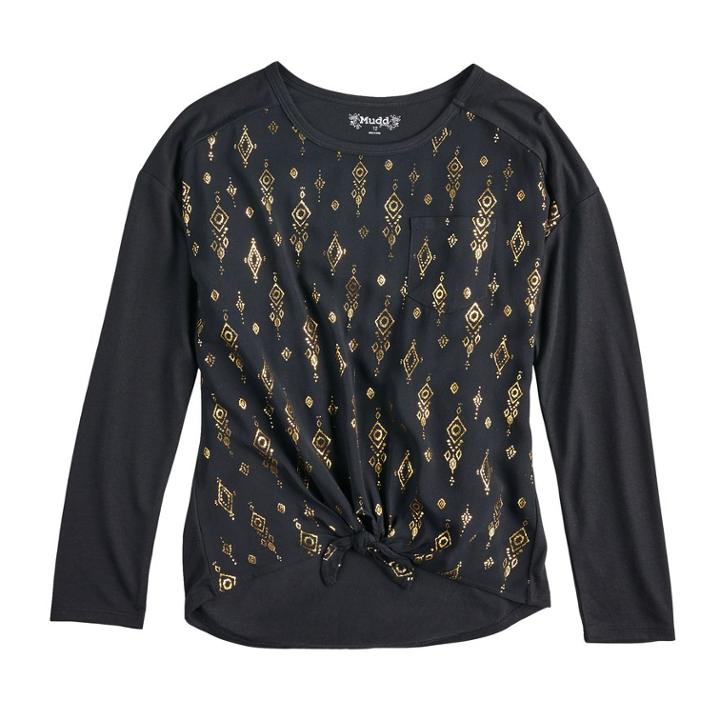 Girls 7-16 Mudd&reg; Mixed-media Knot Front Tee, Size: 14, Black