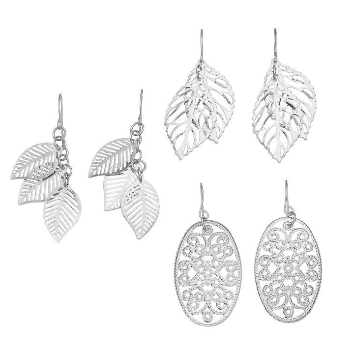 Mudd&reg; Filigree Oval & Leaf Drop Earring Set, Women's, Silver