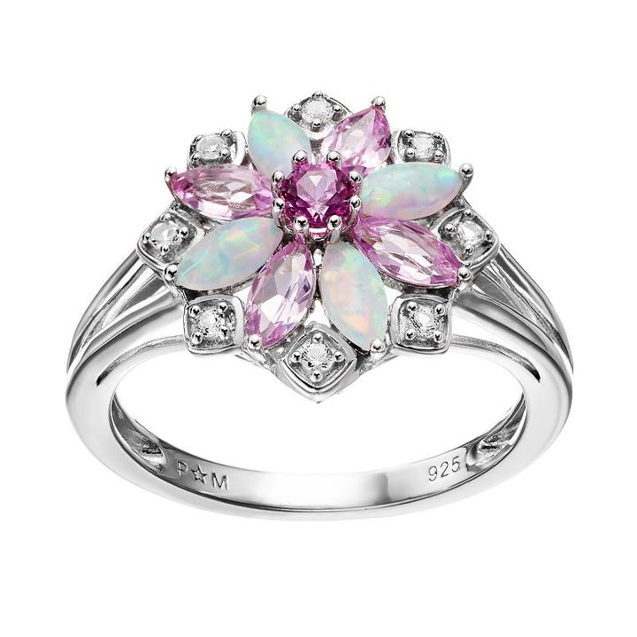 Gemstone Sterling Silver Flower Ring, Adult Unisex, Pink
