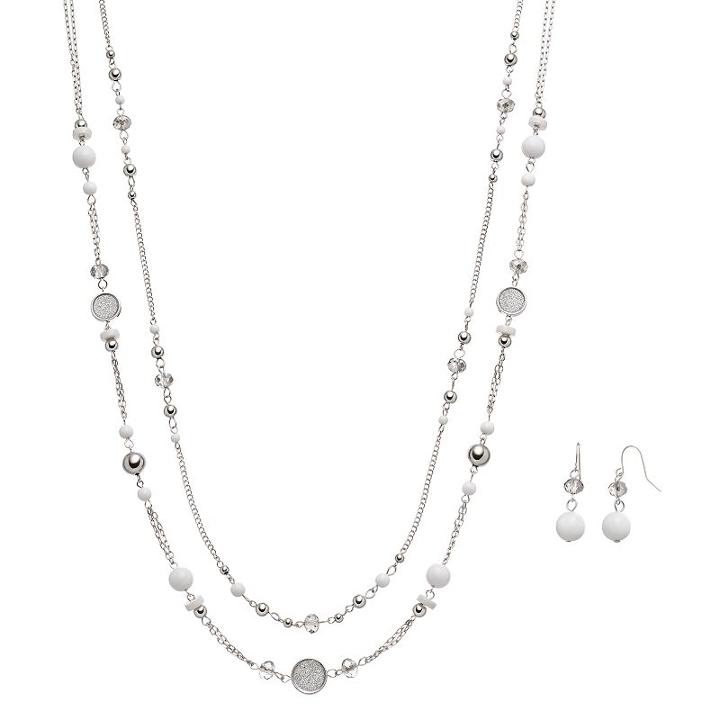 White Bead Double Strand Necklace & Linear Earring Set, Women's, Natural