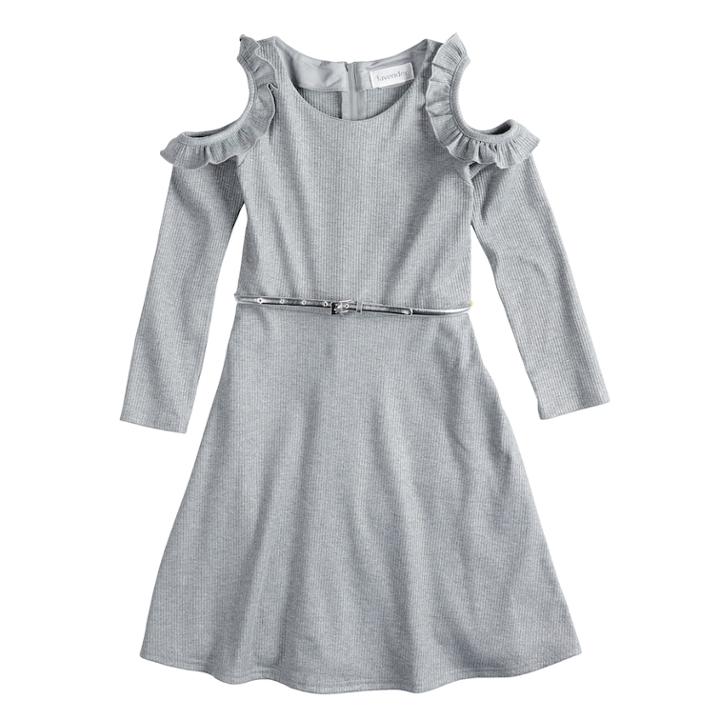 Girls' 7-16 Lavender Ruffle Cold-shoulder Knit Dress, Size: 10, Light Grey