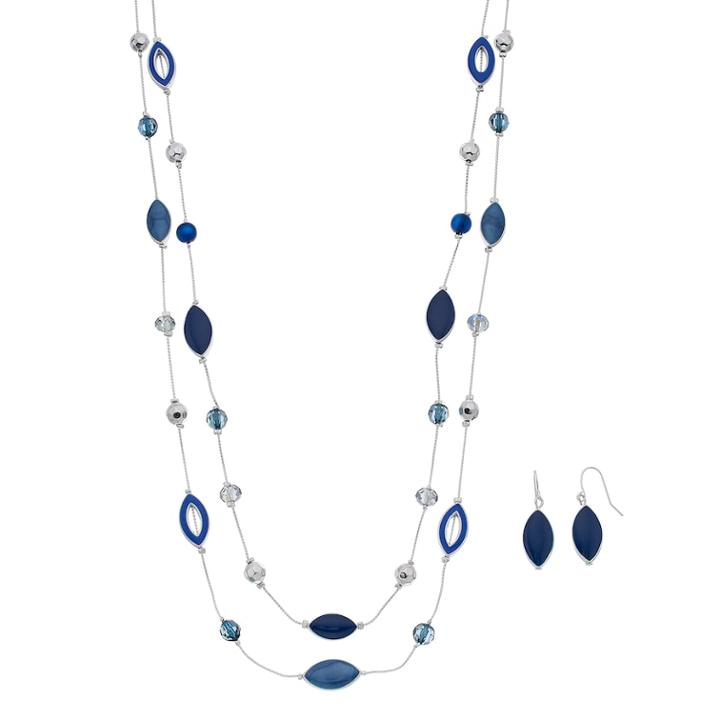 Blue Geometric Double Strand Necklace & Drop Earrings Set, Women's