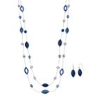 Blue Geometric Double Strand Necklace & Drop Earrings Set, Women's