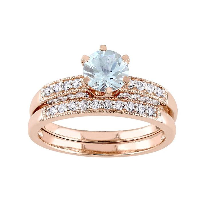 10k Rose Gold Aquamarine & 1/3 Carat T.w. Diamond Engagement Ring Set, Women's, Size: 7, Blue