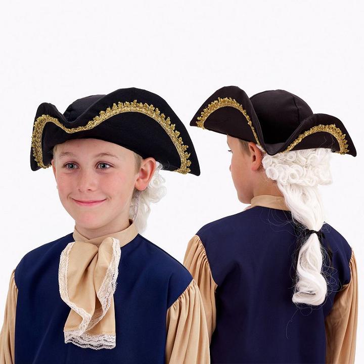 Kids Colonial Tricorn Costume Hat With Attached Ponytail Wig, Boy's, Black
