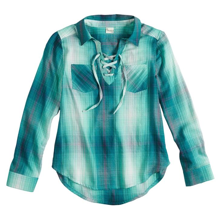 Girls 7-16 & Plus Size Mudd&reg; Lace-up Popover Chambray Shirt, Size: 14, Turquoise/blue (turq/aqua)