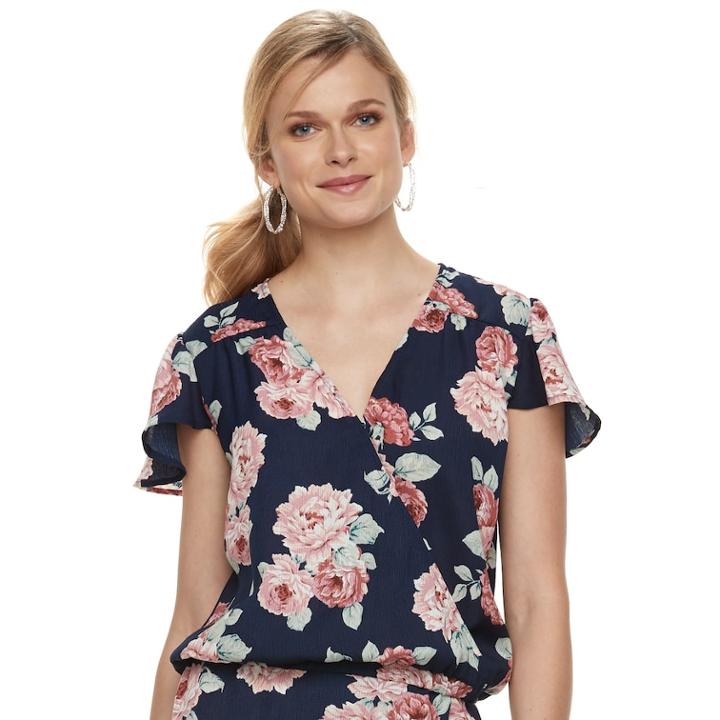 Women's Studio 253 Printed Faux-wrap Top, Size: Large, Blue