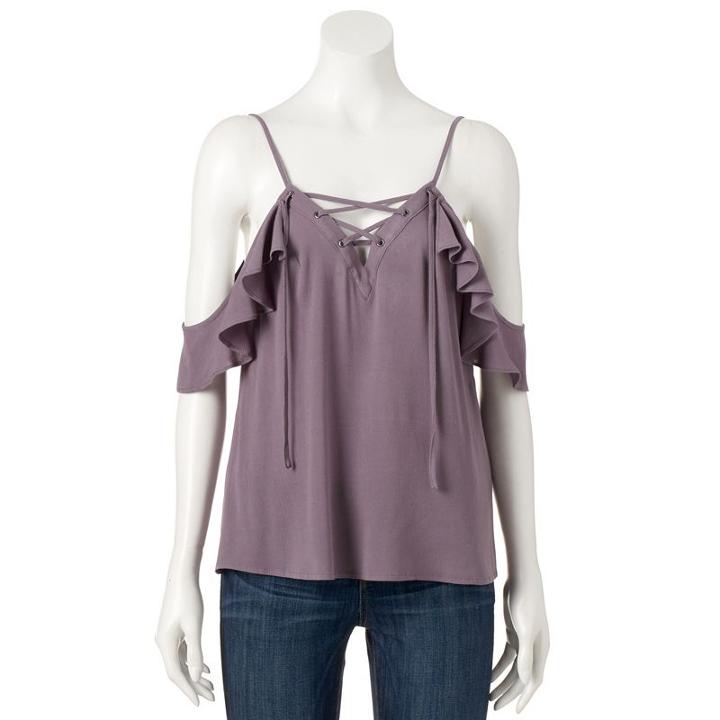 Women's Rock & Republic&reg; Cold-shoulder Lace Up Top, Size: Large, Grey