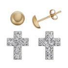 Crystal 14k Gold-bonded Sterling Silver Cross And Button Stud Earring Set, Women's, White
