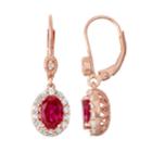 14k Rose Gold Over Silver Lab-created Ruby & Diamond Accent Halo Drop Earrings, Women's, Red
