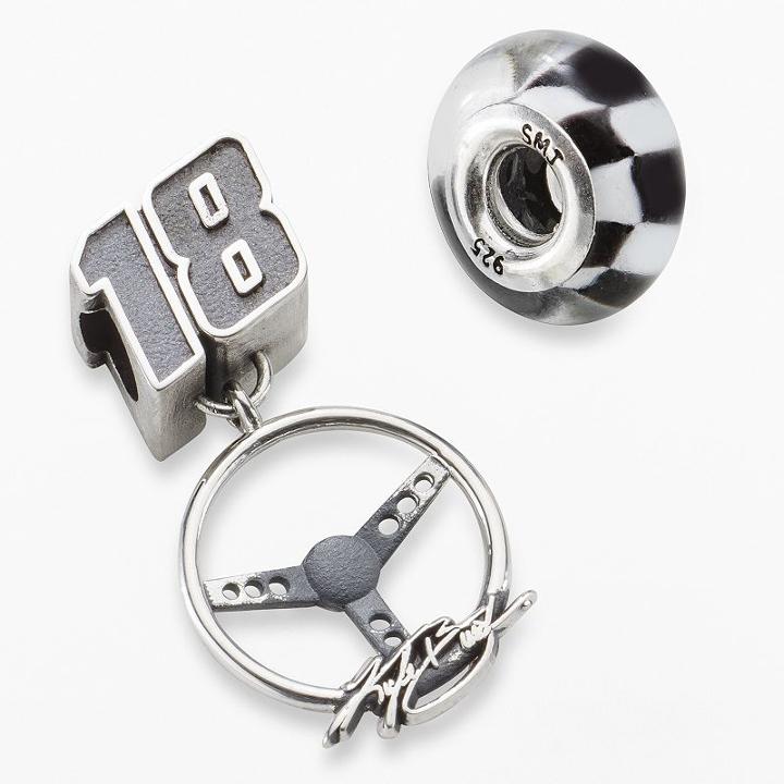 Insignia Collection Nascar Kyle Busch Sterling Silver 18 Charm And Checkered Flag Bead Set, Women's, Black