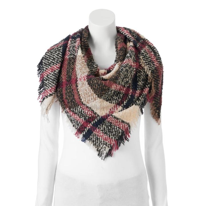 Candie's&reg; Boucle Plaid Frayed Triangle Scarf, Women's, Beig/green (beig/khaki)