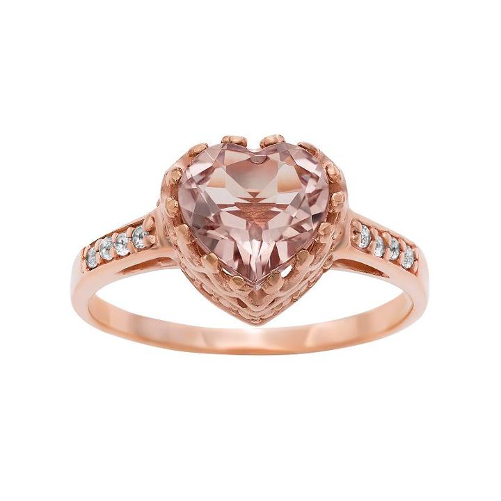 14k Rose Gold Over Silver Simulated Morganite And Lab-created White Sapphire Heart Crown Ring, Women's, Size: 5, Light Pink