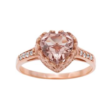 14k Rose Gold Over Silver Simulated Morganite And Lab-created White Sapphire Heart Crown Ring, Women's, Size: 5, Light Pink