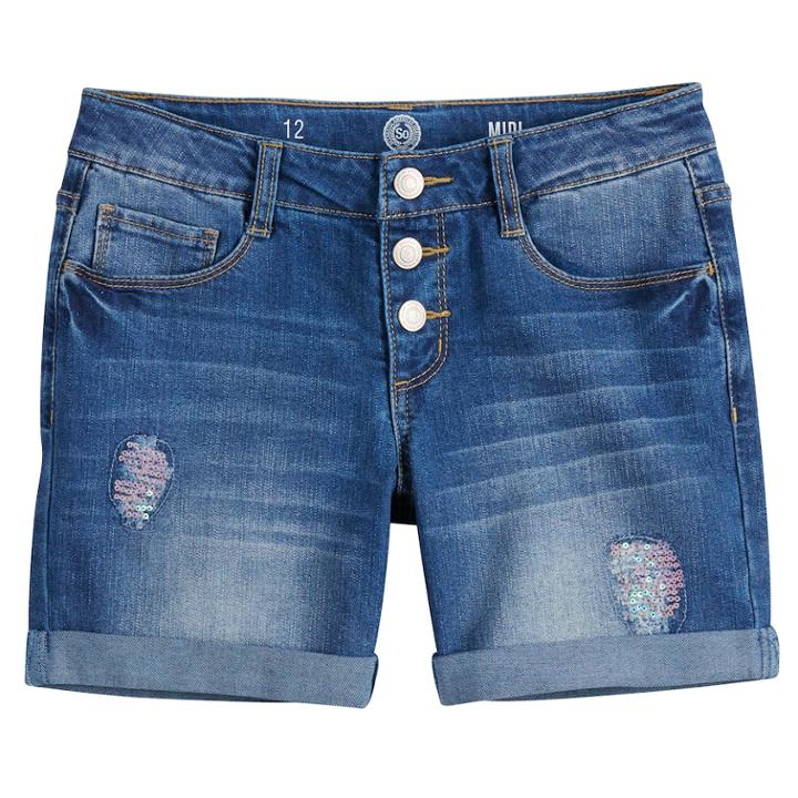 Girls 7-16 So&reg; Rolled Cuff Fashion Midi Denim Shorts, Size: 8, Med Blue
