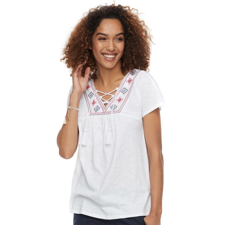 Women's Sonoma Goods For Life&trade; Embroidered Lace-up Top, Size: Large, Natural