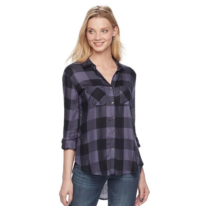 Women's Rock & Republic® High-low Plaid Shirt, Size: Xs, Grey