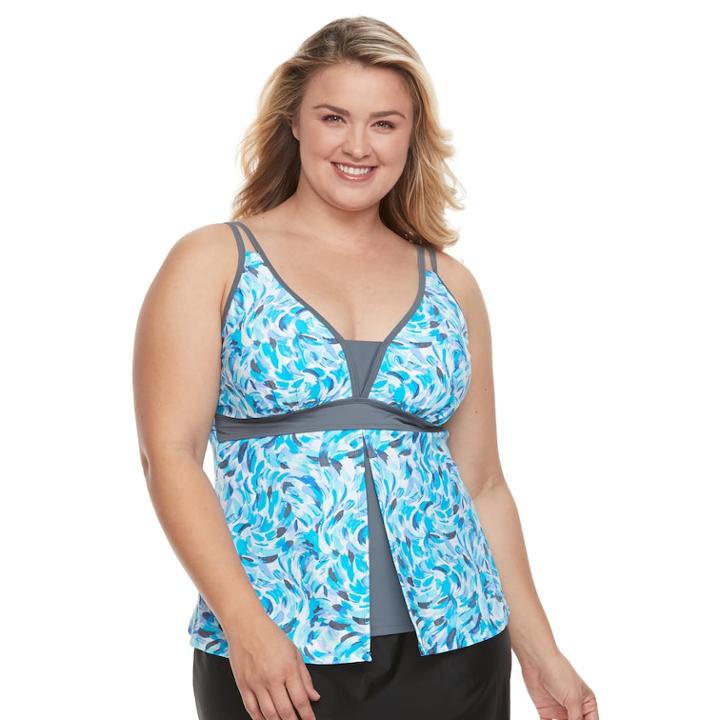 Plus Size Free Country Printed Flyaway Tankini Top, Women's, Size: 3xl, Blue