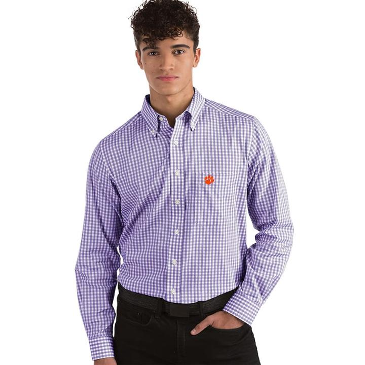 Men's Antigua Clemson Tigers Box Plaid Pattern Button-down Shirt, Size: Xxl, Purple