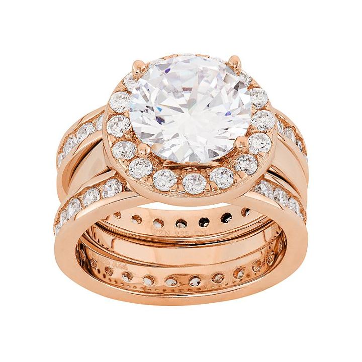 Cubic Zirconia Halo Engagement Ring Set In Sterling Silver, Women's, Size: 8, White
