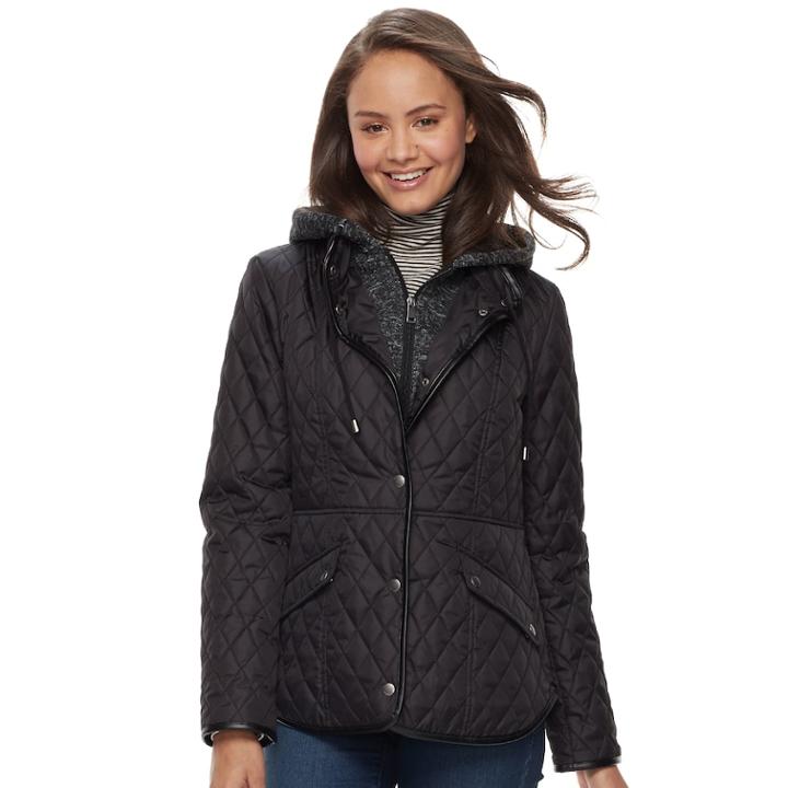 Juniors' Sebby Fleece Bib Hooded Quilted Jacket, Teens, Size: Small, Black