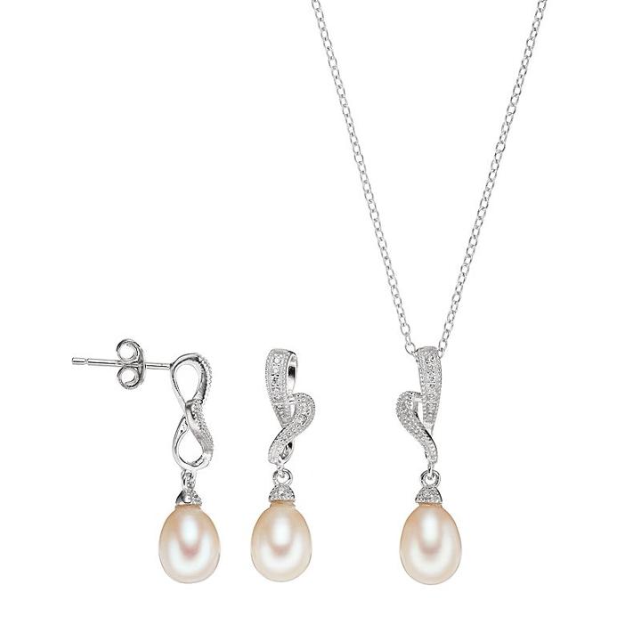 Sterling Silver Freshwater Cultured Pearl & Cubic Zirconia Jewelry Set, Women's, Size: 18, White