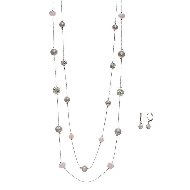 Pink Simulated Pearl Long Double Strand Necklace & Drop Earring Set, Women's