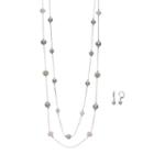 Pink Simulated Pearl Long Double Strand Necklace & Drop Earring Set, Women's