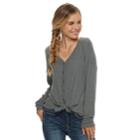 Juniors' Mudd&reg; Waffle-knit Button Front Long Sleeve Top, Teens, Size: Large, Dark Grey