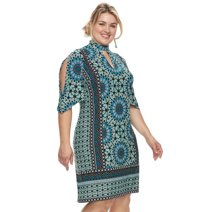 Plus Size Suite 7 Print Open-sleeves Shift Dress, Women's, Size: 3xl, Blue
