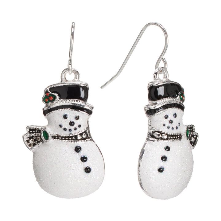 Silver Tone Glitter Snowman Drop Earrings, Women's, Multicolor