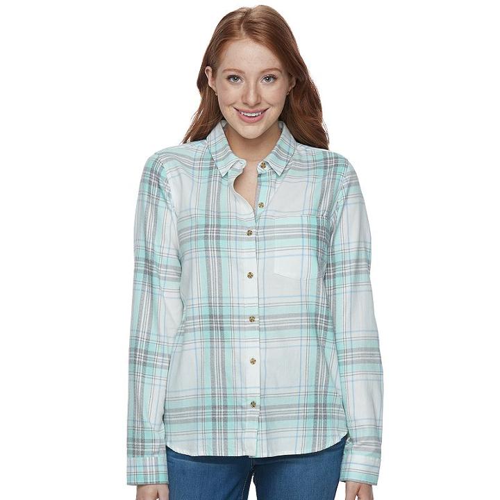 Juniors' So&reg; Pocket Plaid Flannel Shirt, Teens, Size: Large, White