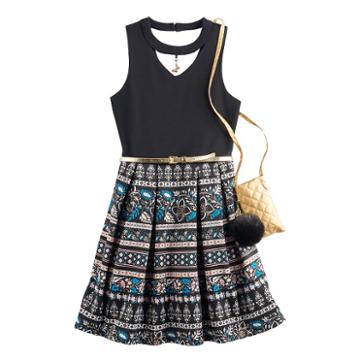 Girls 7-16 Knit Works Printed Keyhole Skater Dress With Crossbody Purse, Girl's, Size: 12, Black