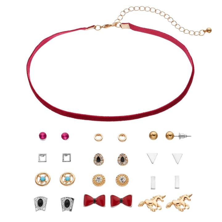 Mudd&reg; Velvet Choker Necklace & Unicorn Stud Earring Set, Women's, Red