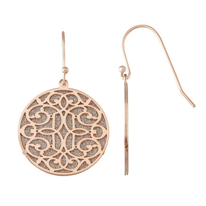 18k Rose Gold Over Silver Glitter Filigree Disc Drop Earrings, Women's