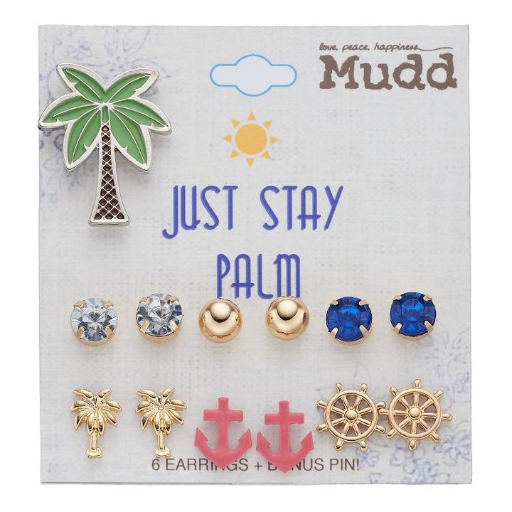 Mudd&reg; Nautical Nickel Free Stud Earring Set With Palm Tree Pin, Women's, Multicolor