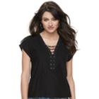 Women's Rock & Republic&reg; Lace-up French Terry Tee, Size: Large, Black
