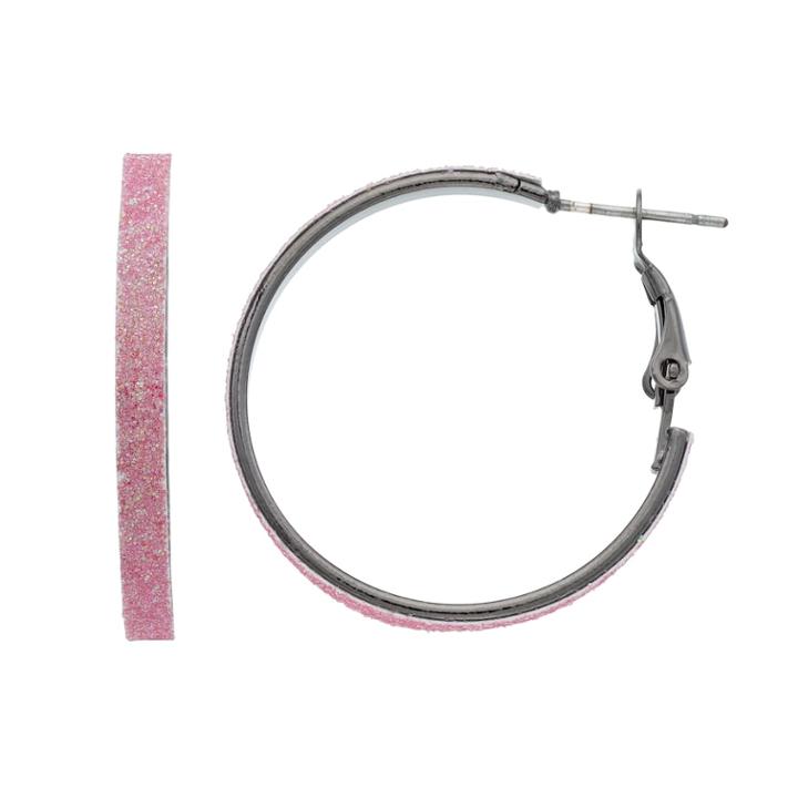 Pink Glittery Flat Tube Nickel Free Hoop Earrings, Women's, Oxford