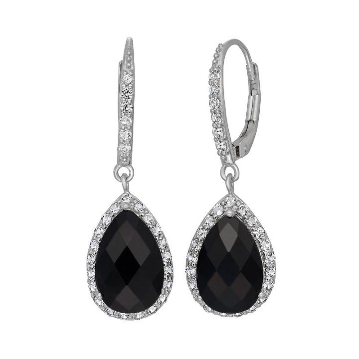 Onyx And Lab-created White Sapphire Sterling Silver Halo Teardrop Earrings, Women's, Black