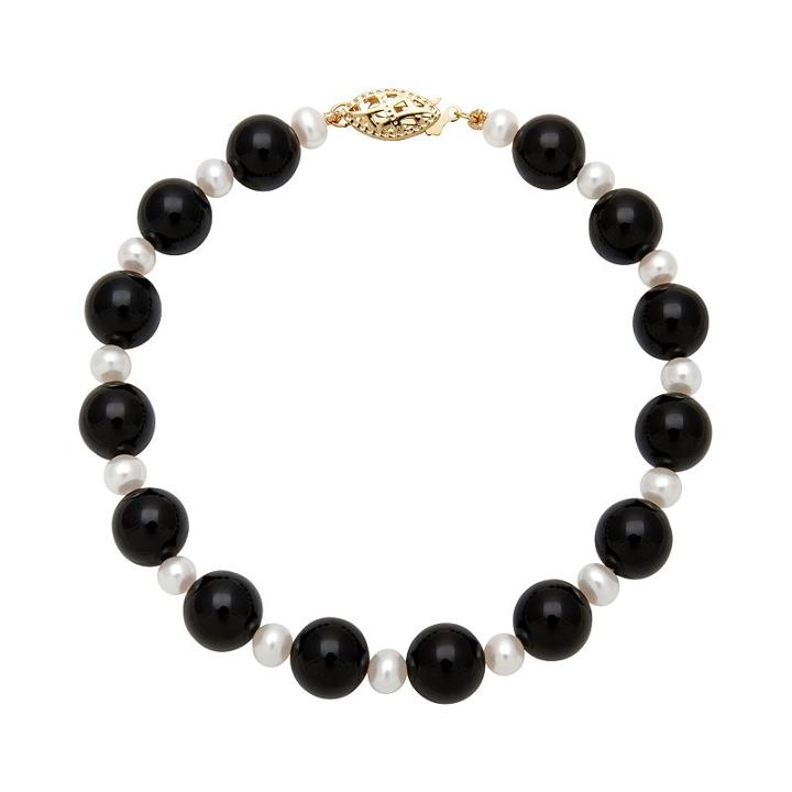 14k Gold Freshwater Cultured Pearl And Onyx Bead Bracelet, Women's, Size: 7.50, Black