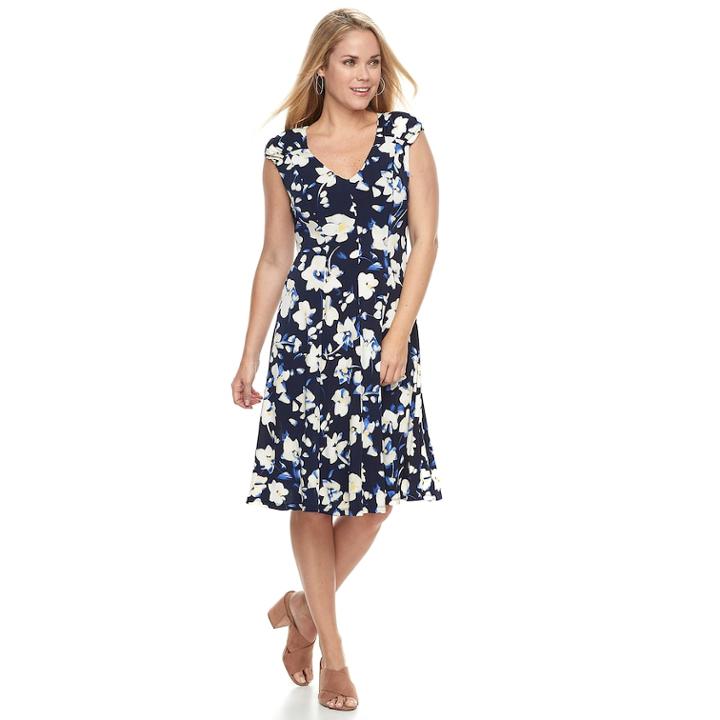 Petite Suite 7 Printed Floral Midi Dress, Women's, Size: 6 Petite, Blue (navy)