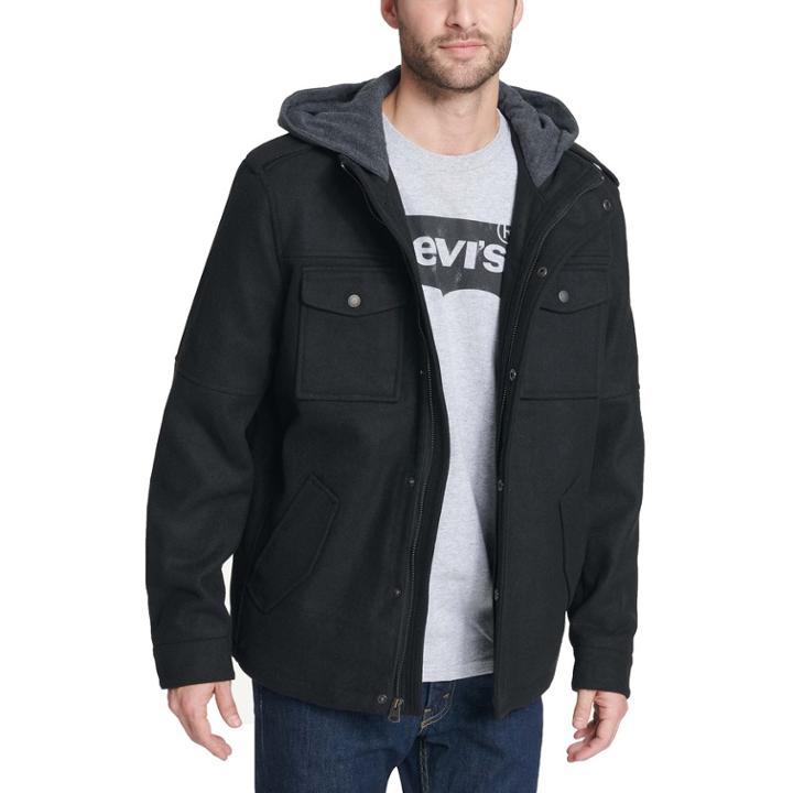 Men's Levi's&reg; Wool-blend Four-pocket Hooded Military Jacket, Size: Xl, Black