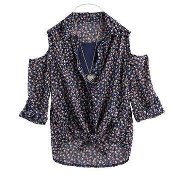 Girls 7-16 Knitworks Cold Shoulder Tie Front Top With Necklace, Size: Large, Blue (navy)