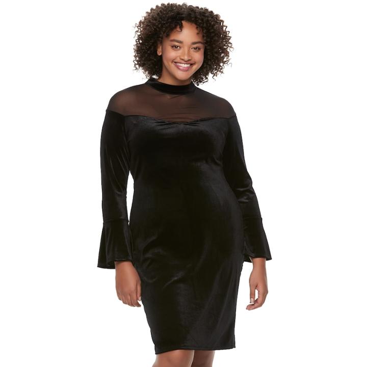 Juniors' Plus Size Wrapper Mesh Illusion Velvet Dress, Teens, Size: 1xl, Black