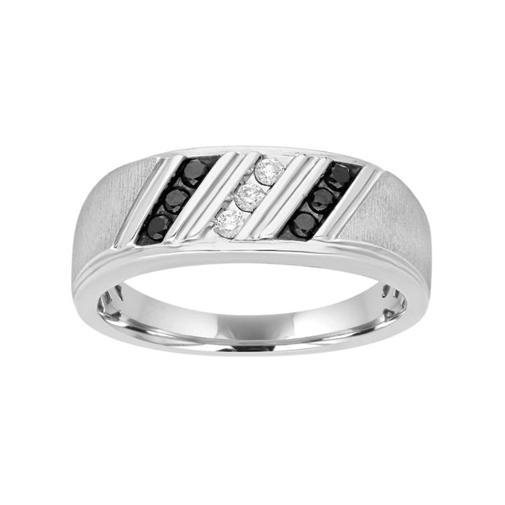 Men's Sterling Silver 1/4 Carat T.w. Black & White Diamond Diagonal Striped Ring, Size: 12