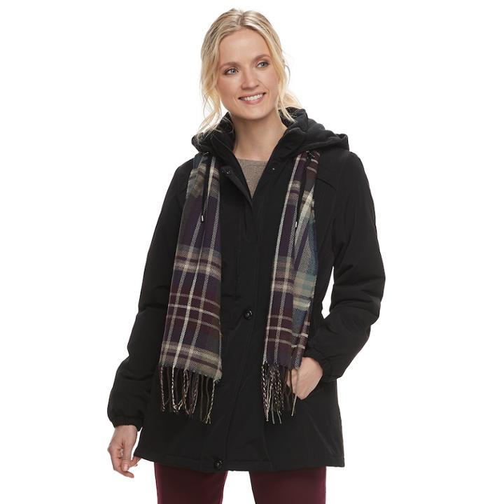 Women's Gallery Hooded Faux-silk Anorak Jacket, Size: Medium, Black