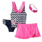 Girls 4-6x Zeroxposur Heart Chevron Tankini Top, Bottoms & Ruffled Skirt Swimsuit Set, Girl's, Size: 4, Med Pink