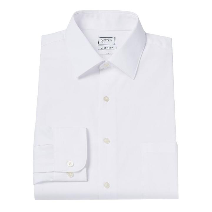 Men's Arrow Athletic-fit Solid Wrinkle-free Spread-collar Dress Shirt, Size: L-32/33, White