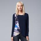 Women's Simply Vera Vera Wang Mixed-media Faux-wrap Top, Size: Xl, Dark Grey